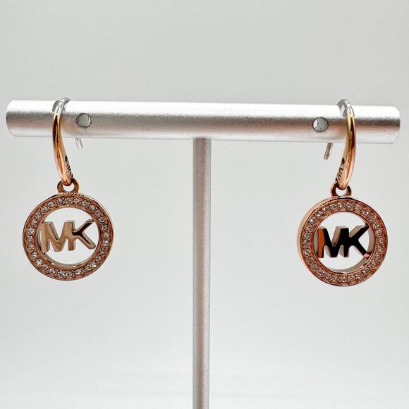 Michael Kors Rose Gold Tone Pavé Crystal MK Logo Dangle Earrings Designer Modern - Picture 2 of 14